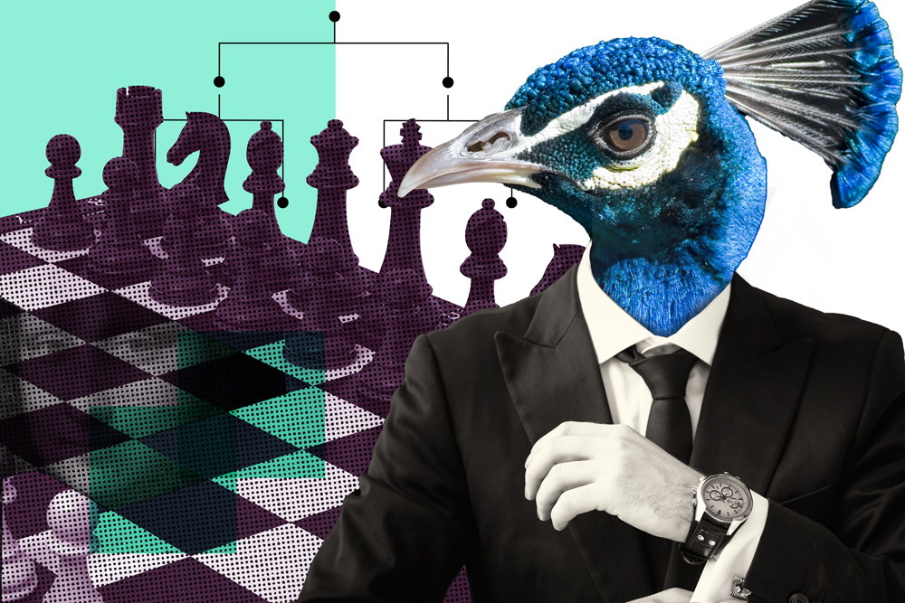 Surrealist digital collage shows a chess board and a peacock in a suit