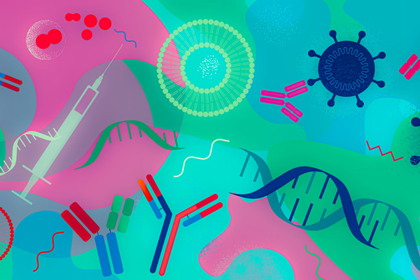 an illustration of DNA, viruses, and a syringe