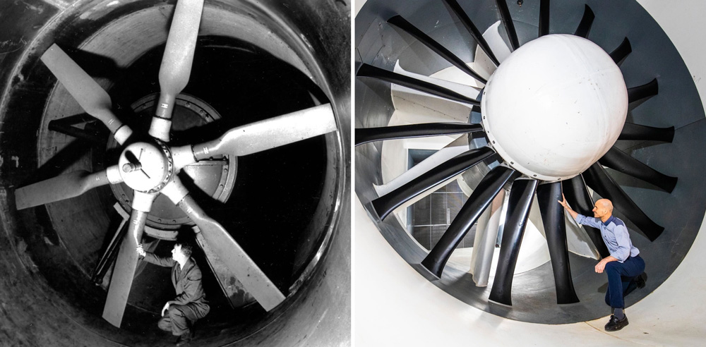 The old and the new fan in the wind tunnel, with Mark Drela on the right
