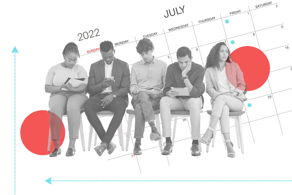 Collage illustration shows people sitting and waiting, with a calendar in background