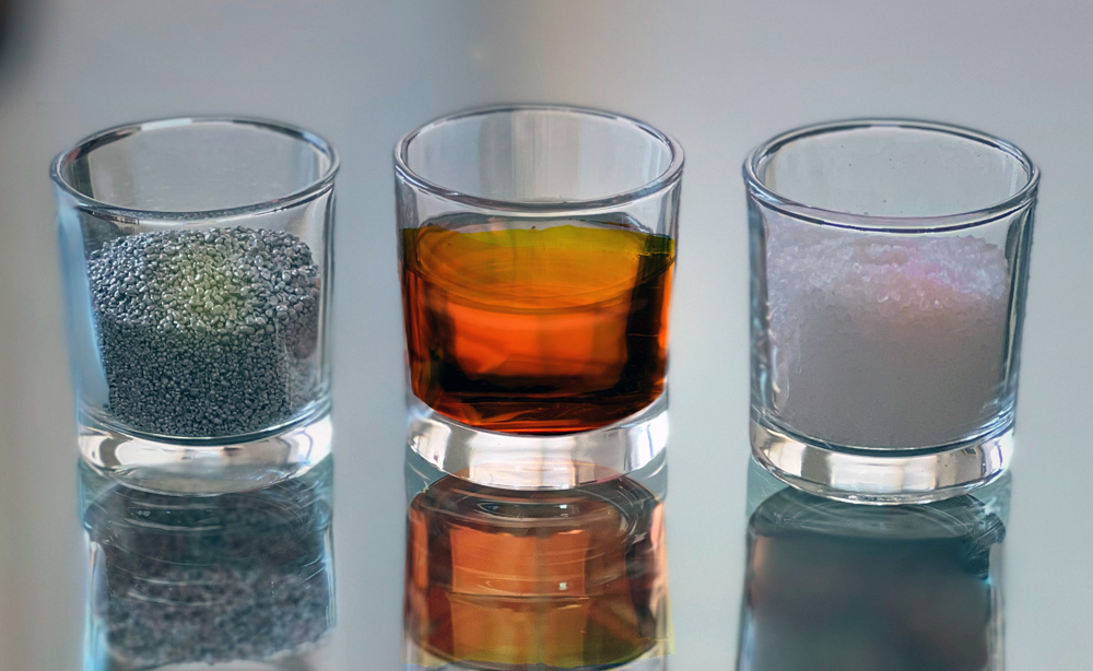 The three primary constituents of the new battery are (left to right): aluminum, sulfur, and rock salt. 