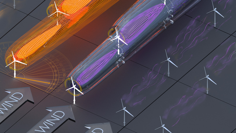 Illustrations shows windmills lined up, with wind depicted as orange and purple energy 