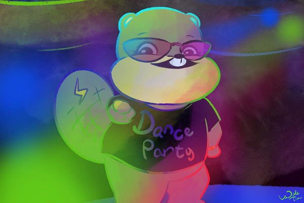 Cute illustration of dancing Tim mascot, wearing sunglasses and with rainbow lights