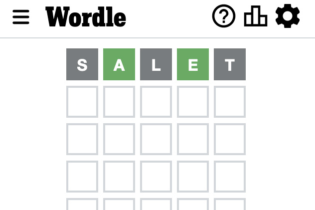 A Screenshot of the Wordle game shows "Salet" as the first try, with two green letters