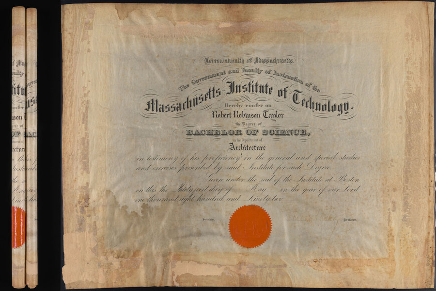 2 images of Taylor’s diploma. On the left, it is rolled up, and on the right, it is unfurled. It has light and water damage and is faded. An orange seal is visible. 