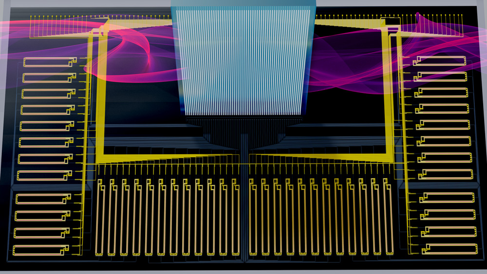rendering of a smart transceiver showing a chip-like structure in the middle with circuitry-like structures around the edges.