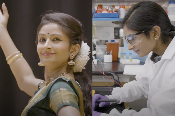 2 photos of Shriya Srinivasan. Left is performing and right is working in the lab.