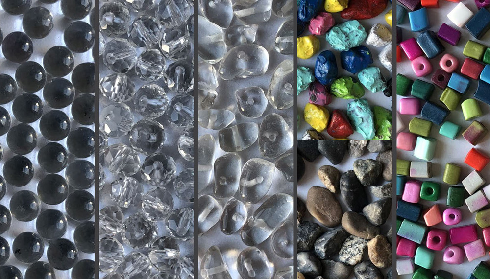 5 vertical photos show granular objects: marbles, glass beads, seaglass, rocks, and plastic beads.