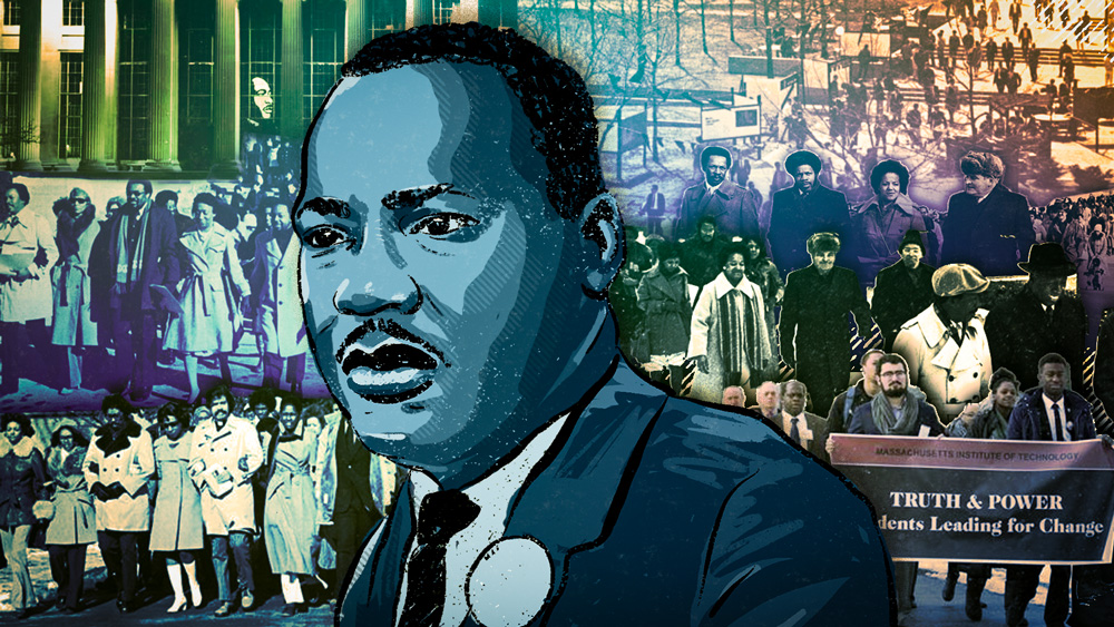 Central illustration of MLK Jr. in blue. Background photograph collage shows large groups of MIT community marching on campus, ranging from 1968 to 2016. 