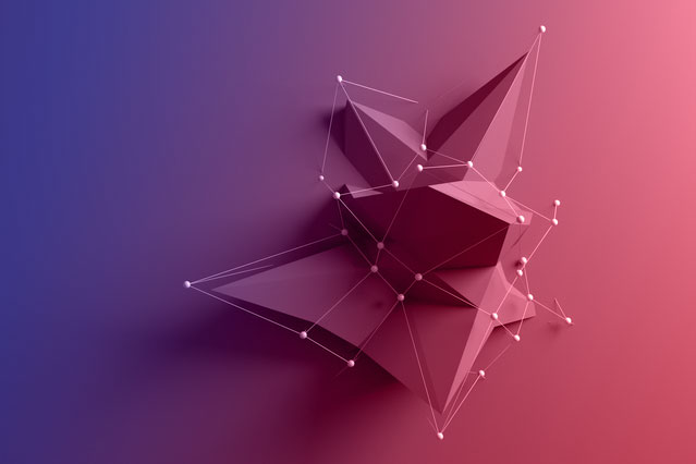 Techy origami-style figure, like a crane, with purple overlay