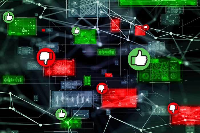 A neural network floats in a dark void with different computer screens, some red or green. Green “thumbs up” or red “thumbs down” appear next to the colorful screens.