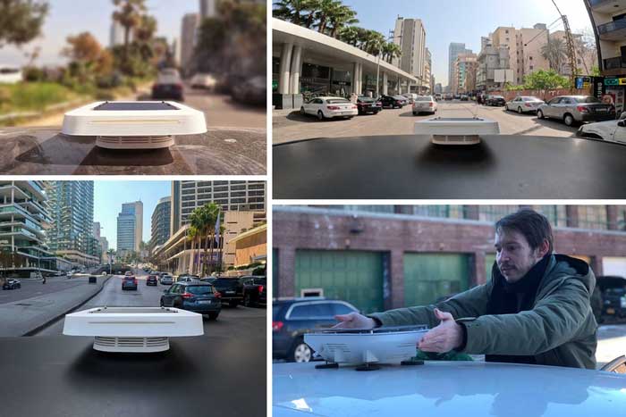 4 photos of a new mobile pollution detector mounted on the top of cars. It’s a white box with a black pad on top. The last panel shows a researcher placing the device on top of a car.