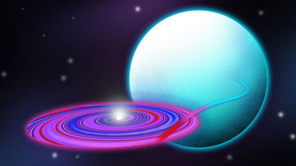 In black space, the accretion disk is represented as a flat swirling disk with blue, pink red colors, and in the middle of it is tiny, glowing white sphere, the neutron star. Behind the accretion disk is a large teal sphere, the sun-like star. A teal noodle flows from the star to the accretion disk, representing the material drawn away from the star.