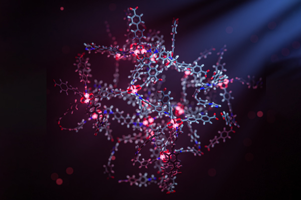 A 3D rendering of a MOF made of metal and organic molecules, in the general shape of a loose, hollow, ball. The MOF is made of glowing pink orbs and grey hexagon-shaped bits that connect to red and blue bits.