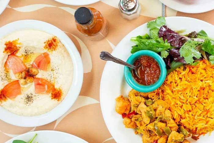 A Somali hummus and rice dish, taken from above