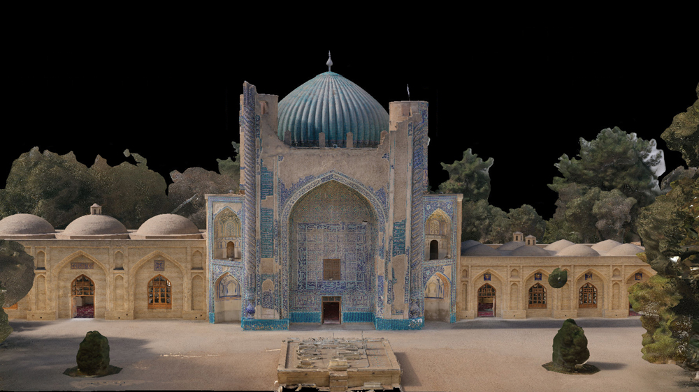 The Green Mosque is against a black background, and is light blue and beige. It has a blue dome in the center, and stylized archways. 