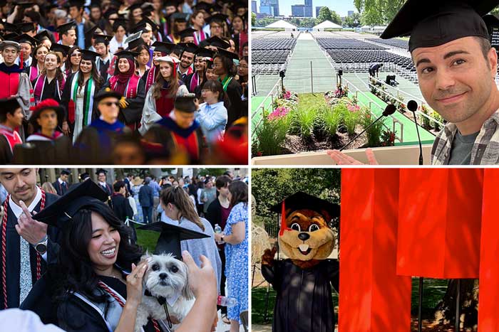 4 photos show the large graduating class; a selfie from Mark Rober; a graduate holding a cute puppy; and Tim the mascot, in grad gown, waving hi