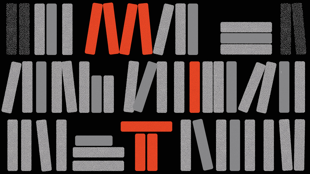 lllustration of three shelves of books in grey, with red books that spell "MIT".