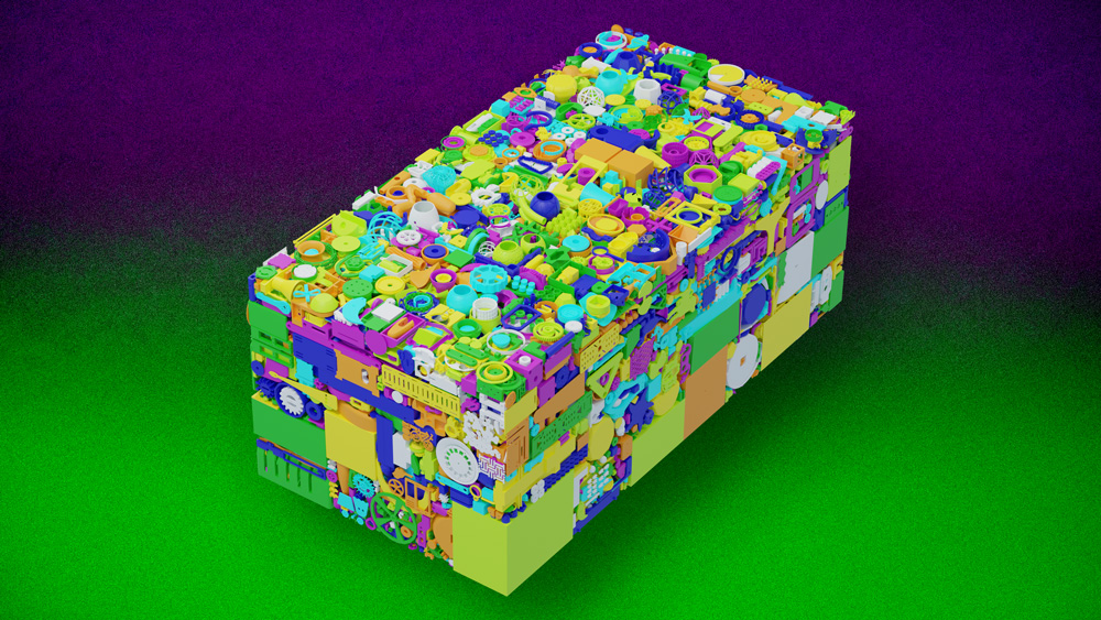 On a green and purple background, a rendering of a rectangular cube is jam-packed with items, including brightly-colored plastic toy-like items.
