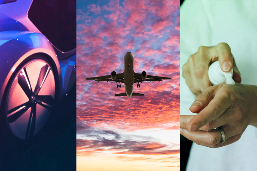 3 photos show, from left to right: the futuristic wheel of car; an airplane flying; and hands applying lotion.