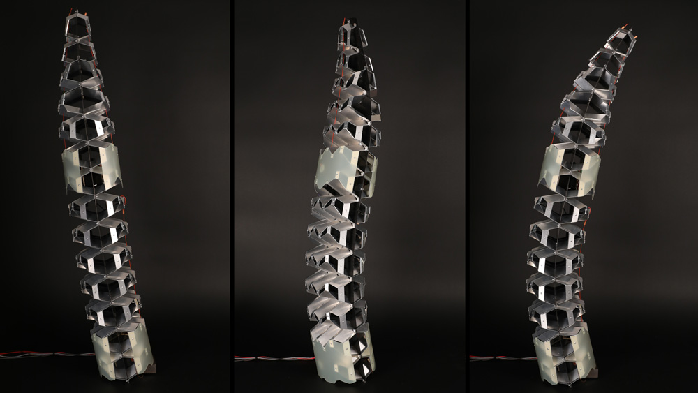 3 photos show a tentacle-like metal object made with the researchers’ kirigami-style methods. It bends left and right.