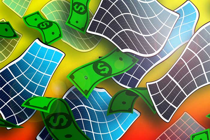 Illustration of dollar bills and twisty bluish black solar panels fluttering across the image.