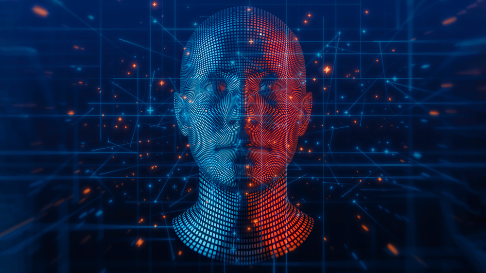 Illustration of transparent human avatar’s face as pixels and lines zoom toward.