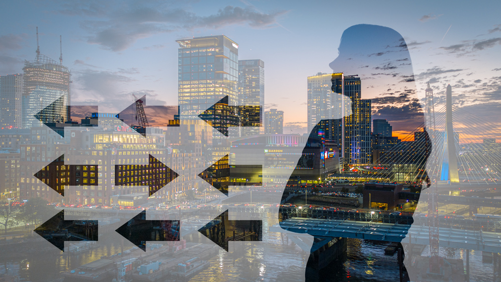 Silhouette of a thoughtful person and arrows pointing left and right, with cityscape in background