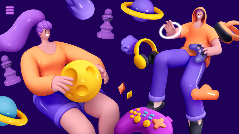 2 happy characters float in space alongside chess pieces, video game controllers, and planets.