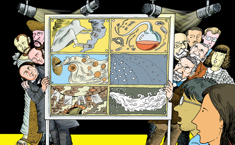 Illustration shows a group of historical scientists behind a framed artwork that shows science images like skeleton bones, beakers, a plant releasing spores, and vapors and droplets spreading. In the foreground corner, two people look in amazement.