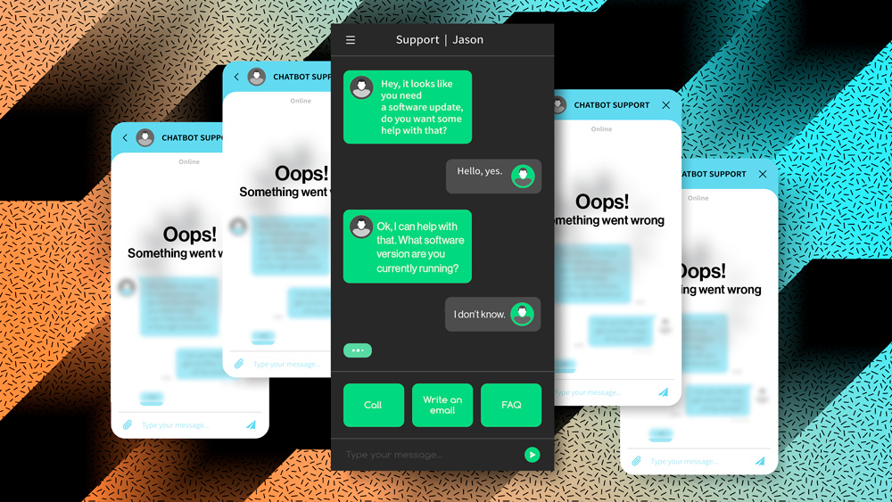 a series of crashed on-line chat boxes with only one continuing to function