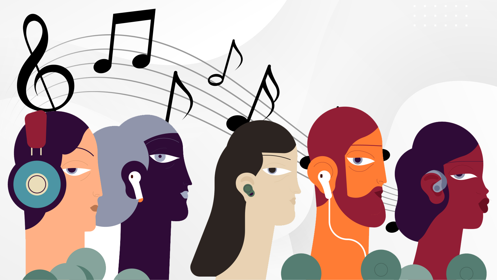 Illustration of 5 people listening to music, with music notes above them