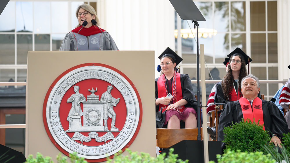 MIT president Sally Kornbluth addressing the Commencement crowd