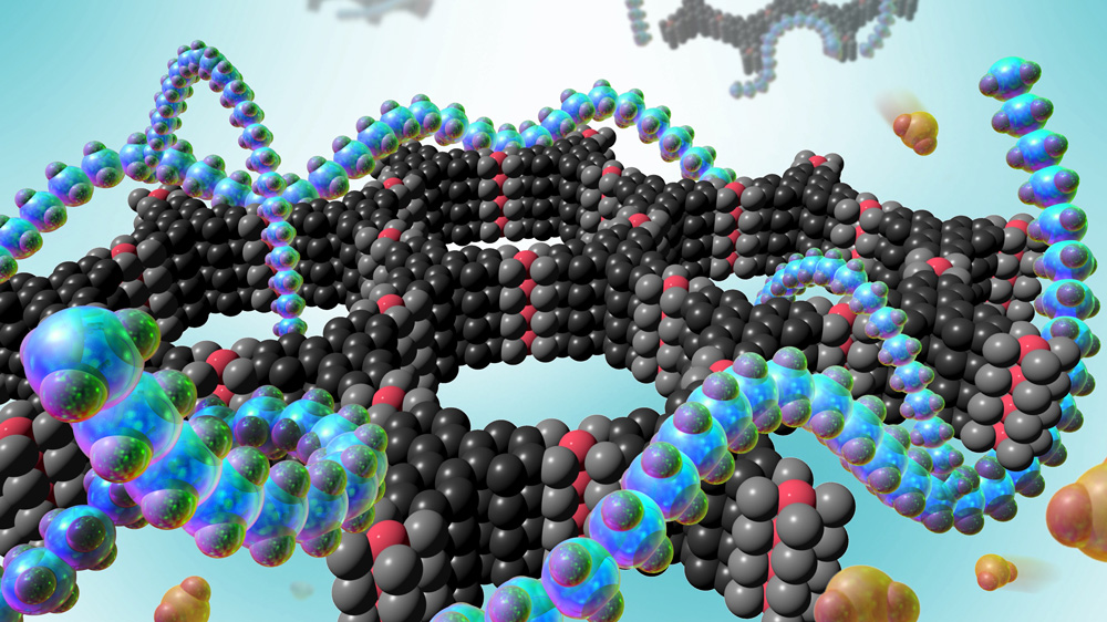 Colorful rendering shows a lattice of black and grey balls making a honeycomb-shaped molecule, the MOF. Snaking around it is the polymer, represented as a translucent string of teal balls. Brown molecules, representing toxic gas, also float around.
