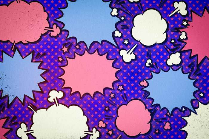 Cartoony angry word balloons in red, white, and blue.