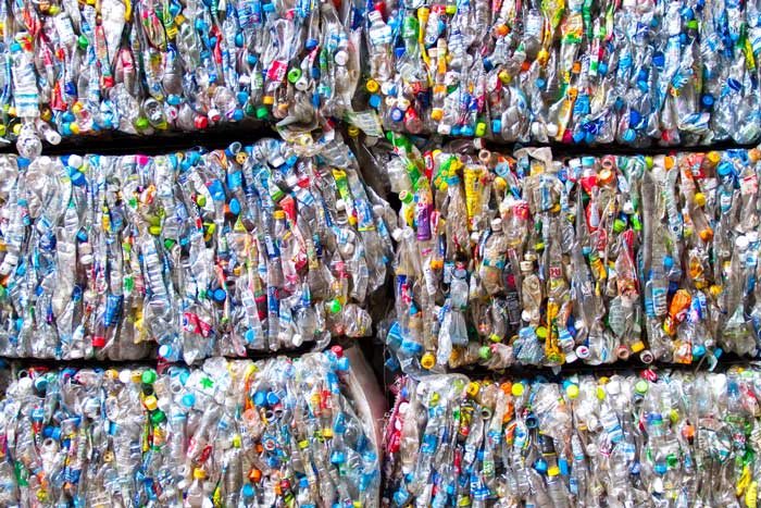 Recycled plastic crushed into cubes and stacked