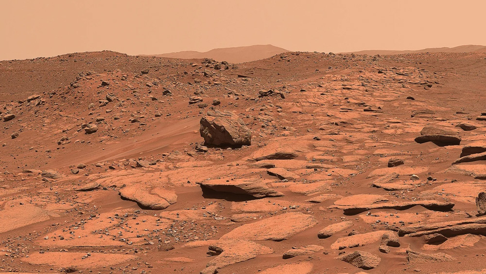 Photo of the brown, rocky, clay Mars surface. 