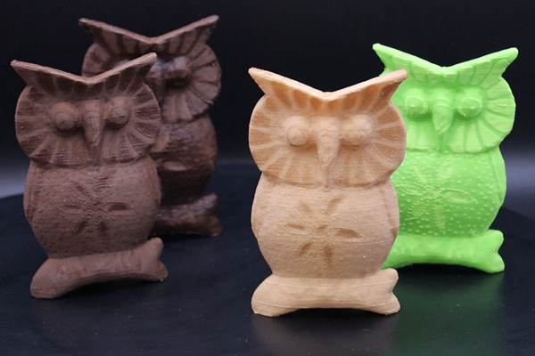 4 3D-printed colorful owls