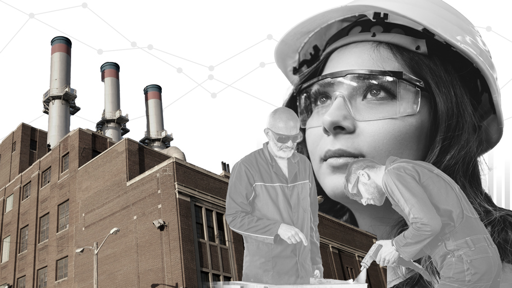 illustration collage of factory building and workers