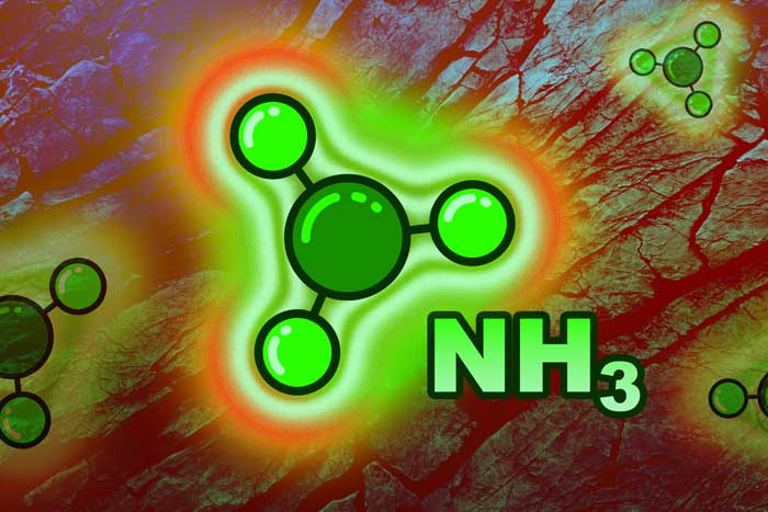 A green, glowing ammonia molecule in rock. Text says “NH3.”