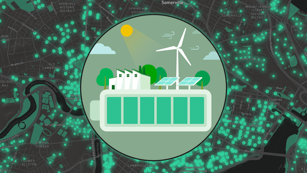 An icon shows solar panels and batteries. A map of Cambridge is in the background.