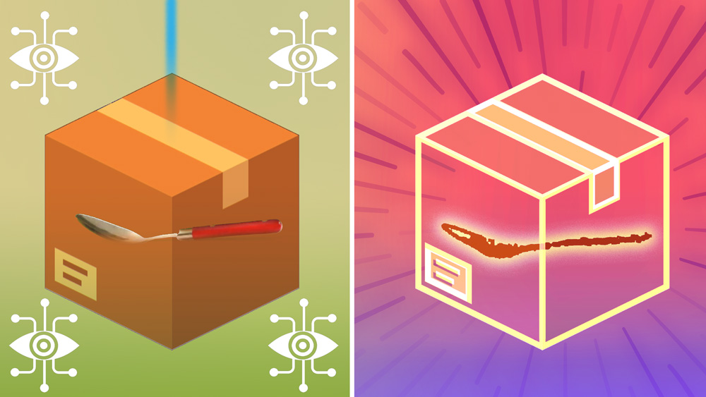 On left, a laser shines on a box with a spoon inside. On right, the transparent box shows the spoon’s silhouette.