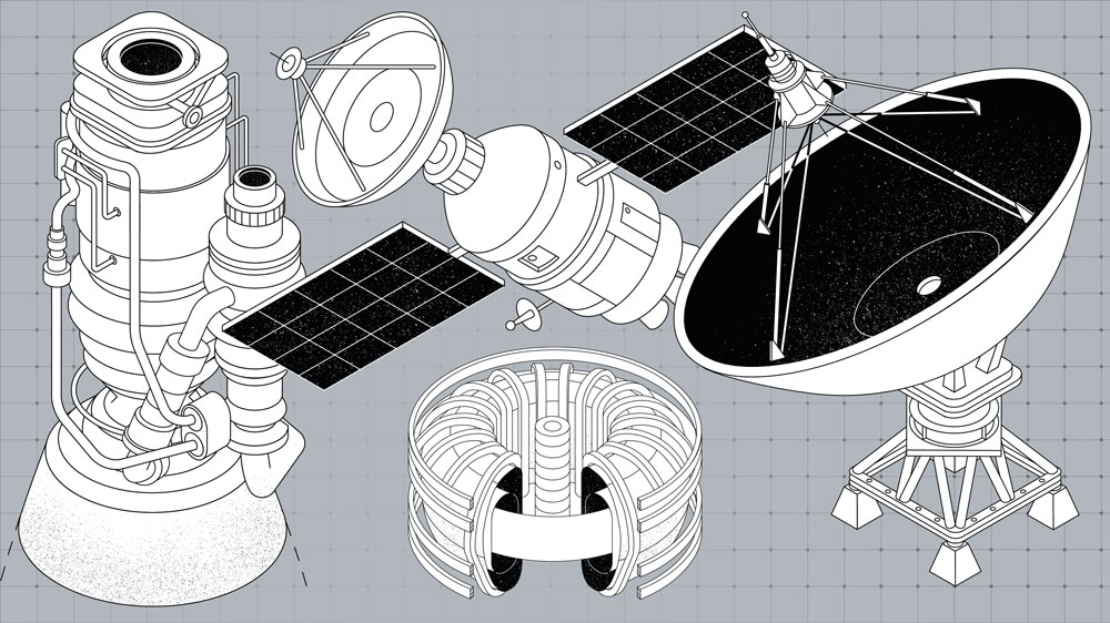 renderings of satellites, radar, and engines
