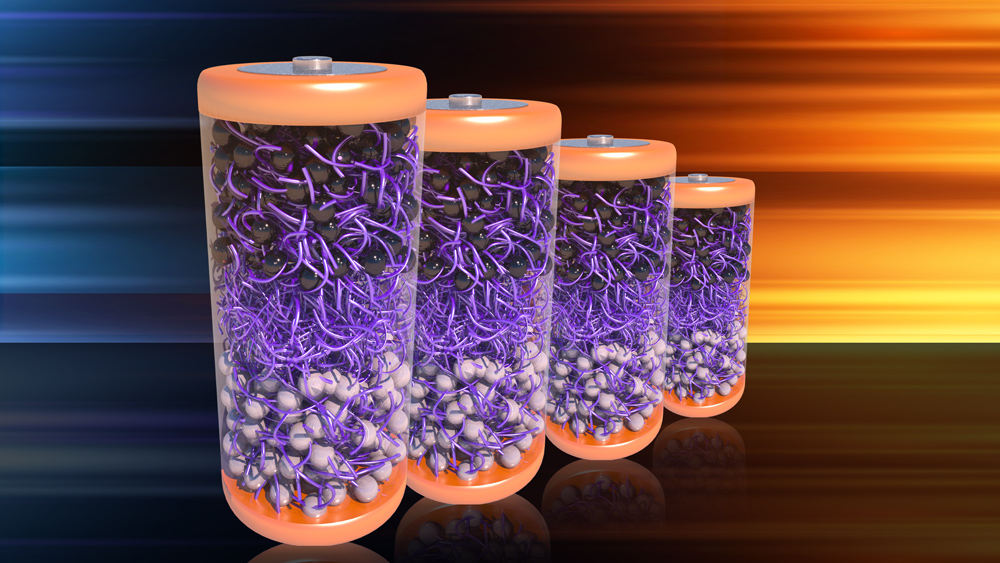 4 unique batteries with purple material inside