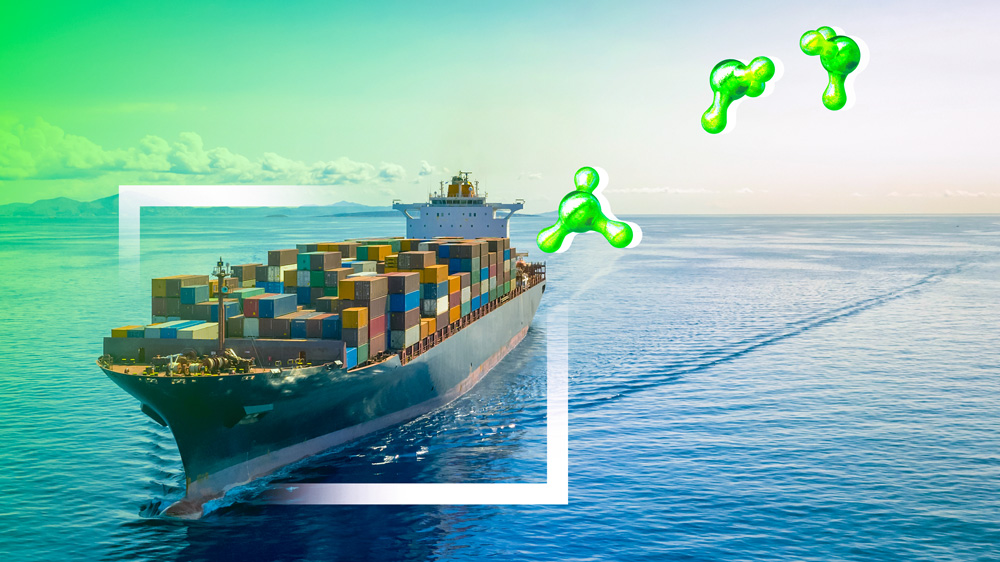 freight ship with stylized ammonia molecules