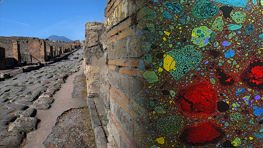 roman concrete wall on left, and colorful microscopic view of concrete on right