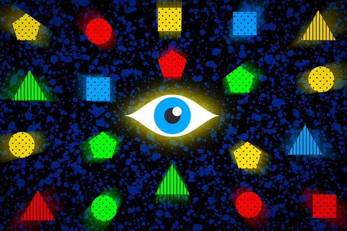 eye surrounded by colorful basic shapes