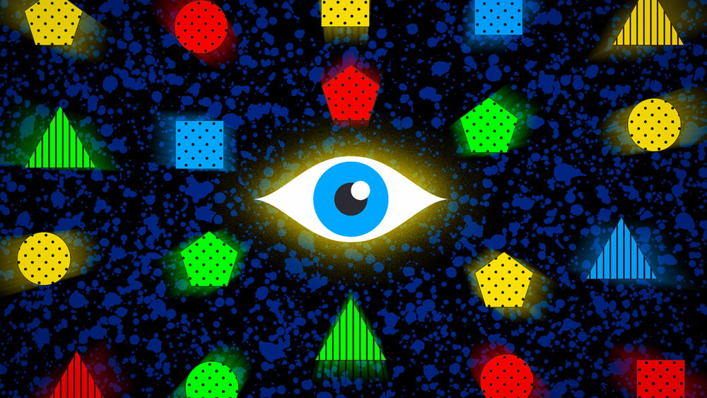 An eye surrounded by shapes, like a green triangle with dots or a red square with stripes