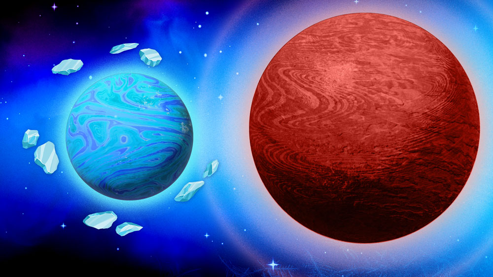 2 planets, on left an icy small planet and on right a large red planet.