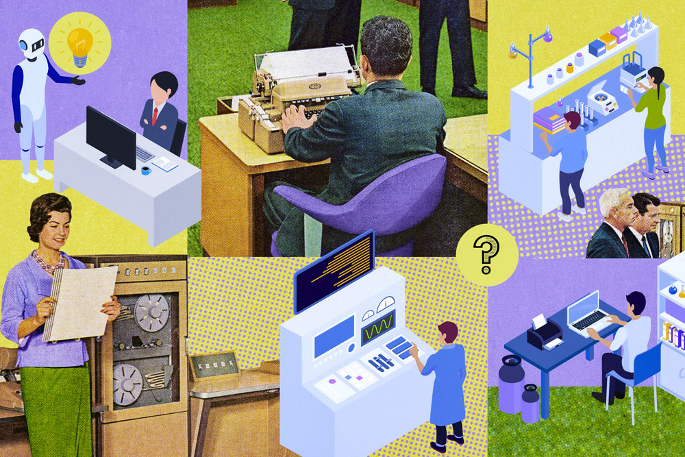 Collage of old 60's photos with contemporary illustrations of working with robots and tech